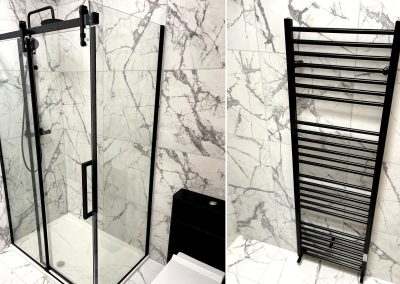 Premium bathroom installation - Black shower cubicle and matching heated towel rail