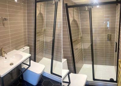 New bathroom : Tiled shower area, basin and toilet