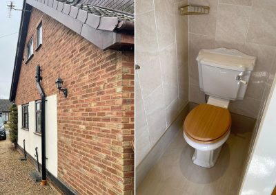 Split image showing a) New soil stack installation and b) New bathroom walls - Hardingstone, Northampton