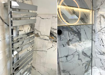 Luxury bathroom installation in Northampton using large format Italian 'marble effect' porcelain wall and floor tiles