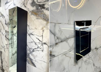 Luxury bathroom installation in Northampton using large format Italian 'marble effect' porcelain wall and floor tiles
