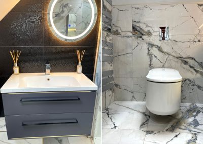 Premium bathroom installation in Northampton using Italian 'marble effect' porcelain wall and floor tiles